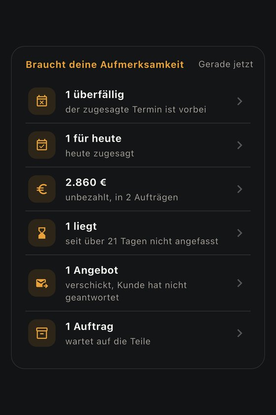 Bildschirm „Werkstattübersicht“ von NOCTUX mit den sechs Hinweisen: überfällig, heute fällig, unbezahlt mit Summe, liegen, Angebote ohne Antwort und Warten auf Teile