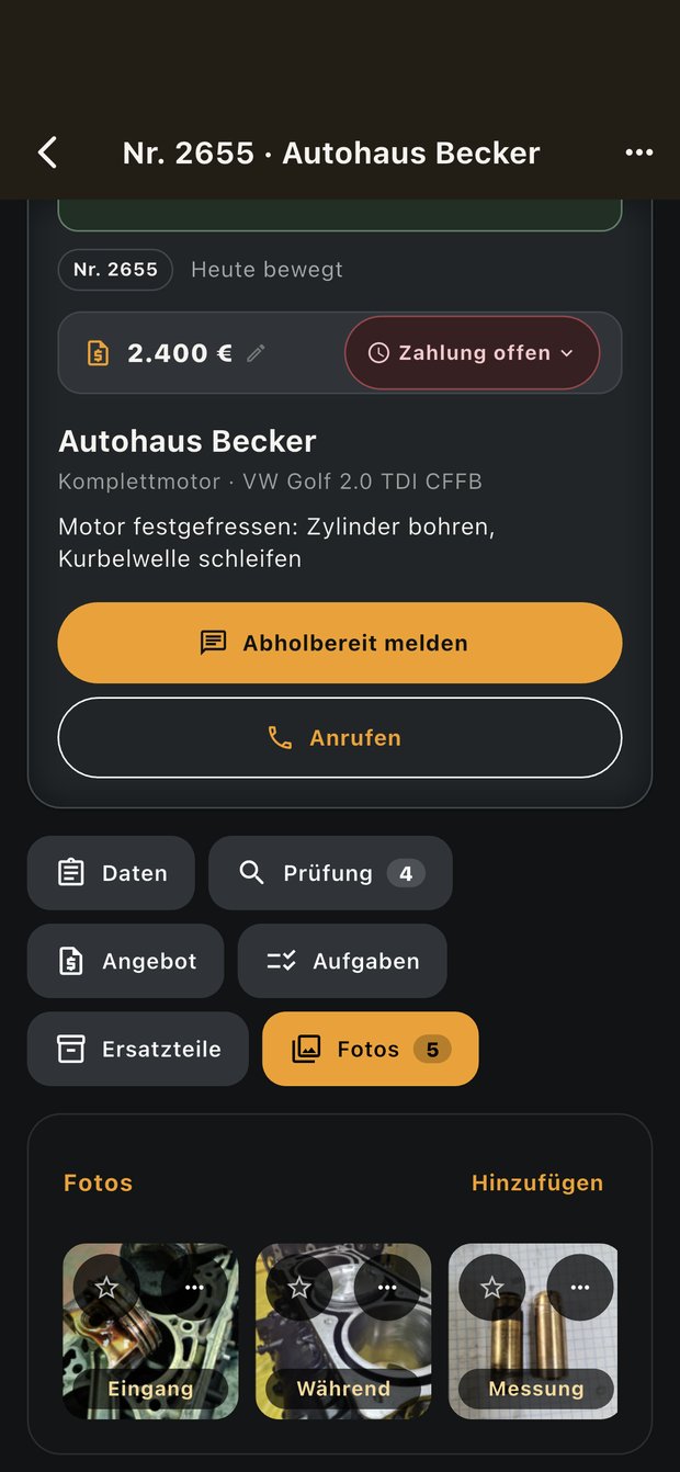 Ein Auftrag in NOCTUX mit Betrag, Zahlungsstatus und Reitern
