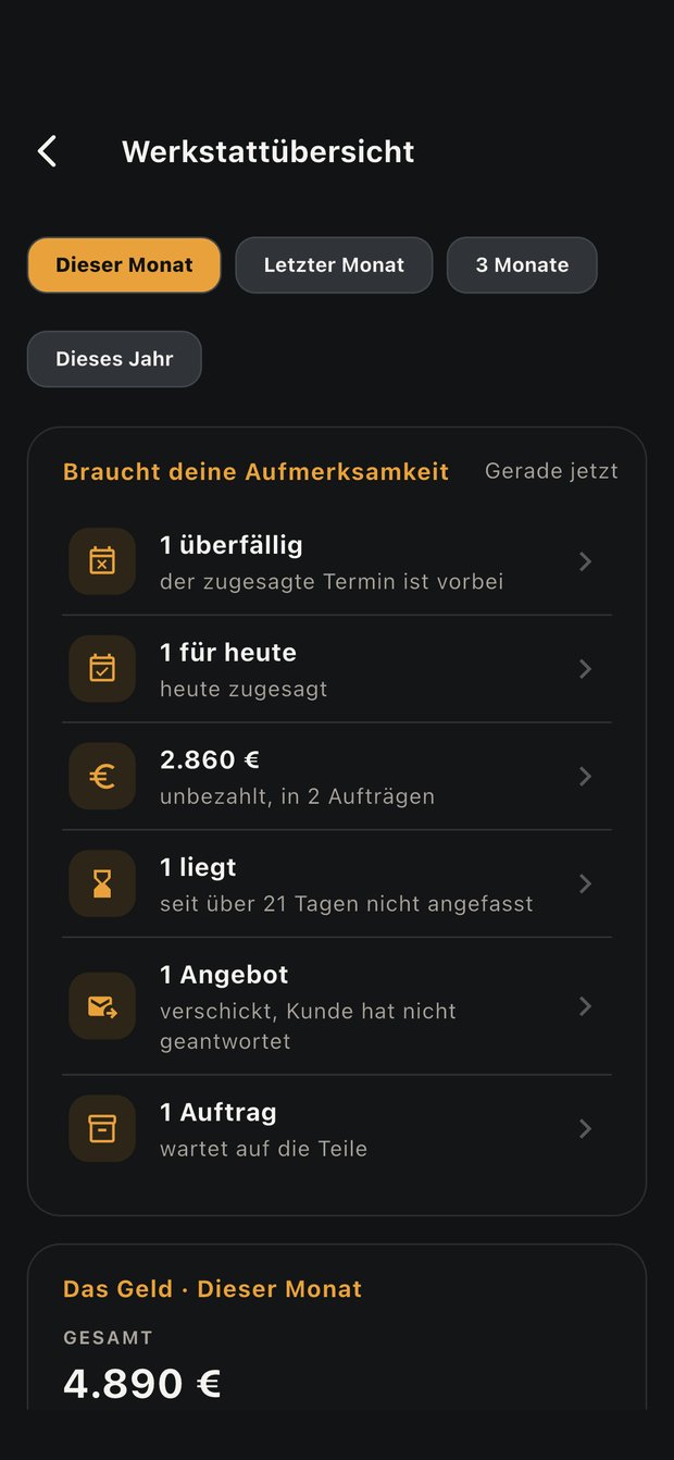 Bildschirm „Werkstattübersicht“ von NOCTUX mit den sechs Hinweisen