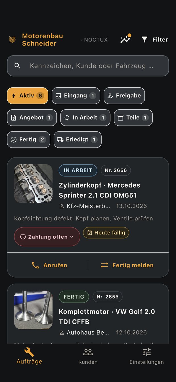 Auftragsübersicht von NOCTUX mit der Karte der heutigen Hinweise