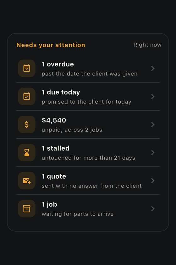 NOCTUX “Shop summary” screen with the six alerts: overdue, due today, unpaid with its total, stalled, unanswered quotes and waiting for parts