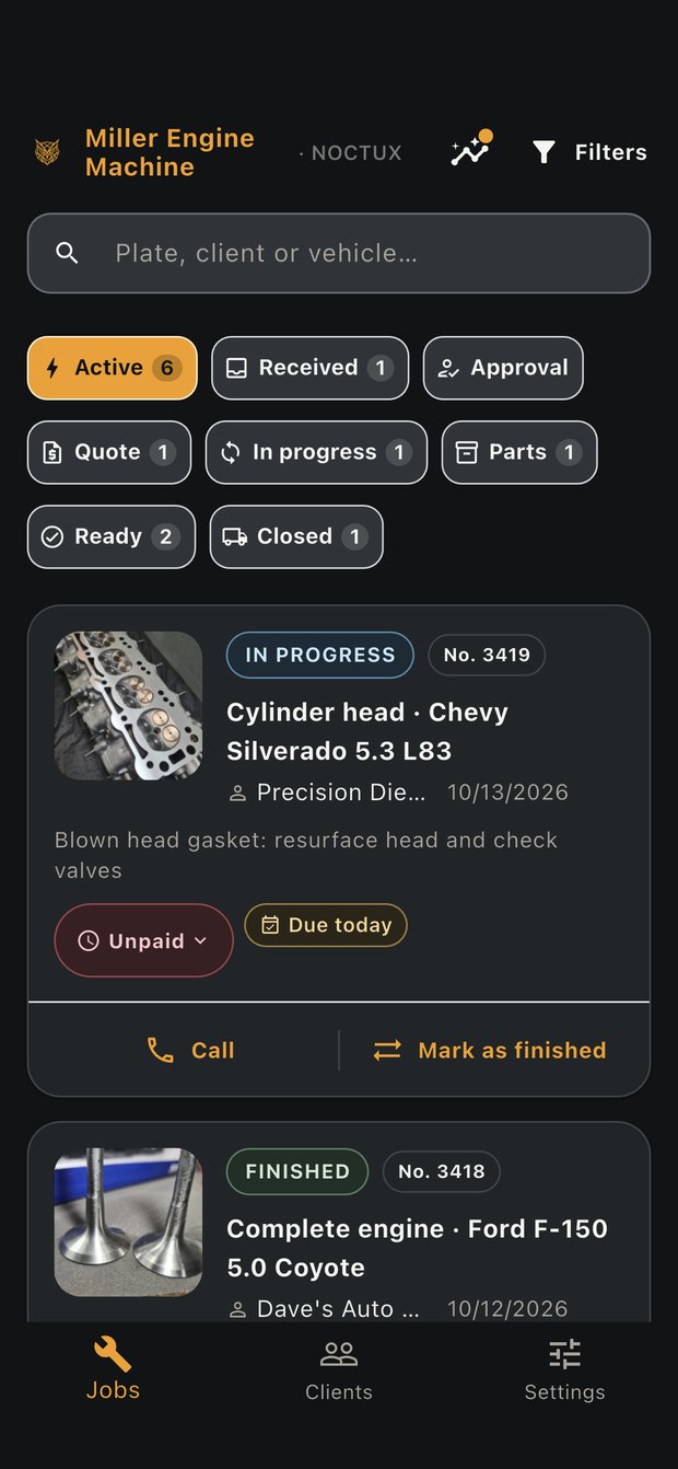 NOCTUX job board with the day's alerts card