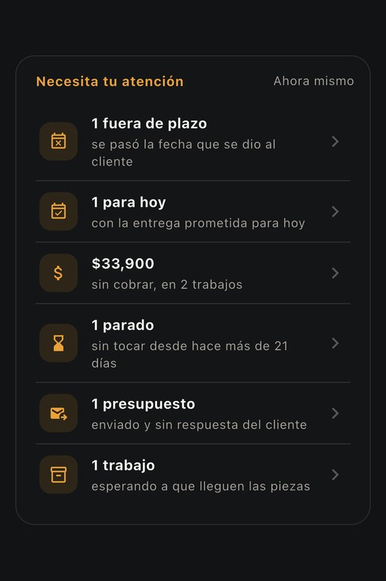 Pantalla «Resumen del taller» de NOCTUX con los seis avisos, cada uno con su número: fuera de plazo, para hoy, sin cobrar, parados, presupuestos sin respuesta y esperando piezas