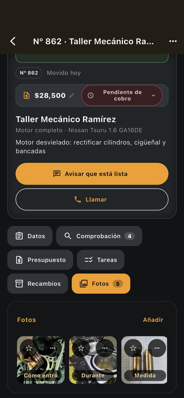Ficha de un trabajo en NOCTUX con importe, estado del cobro y pestañas