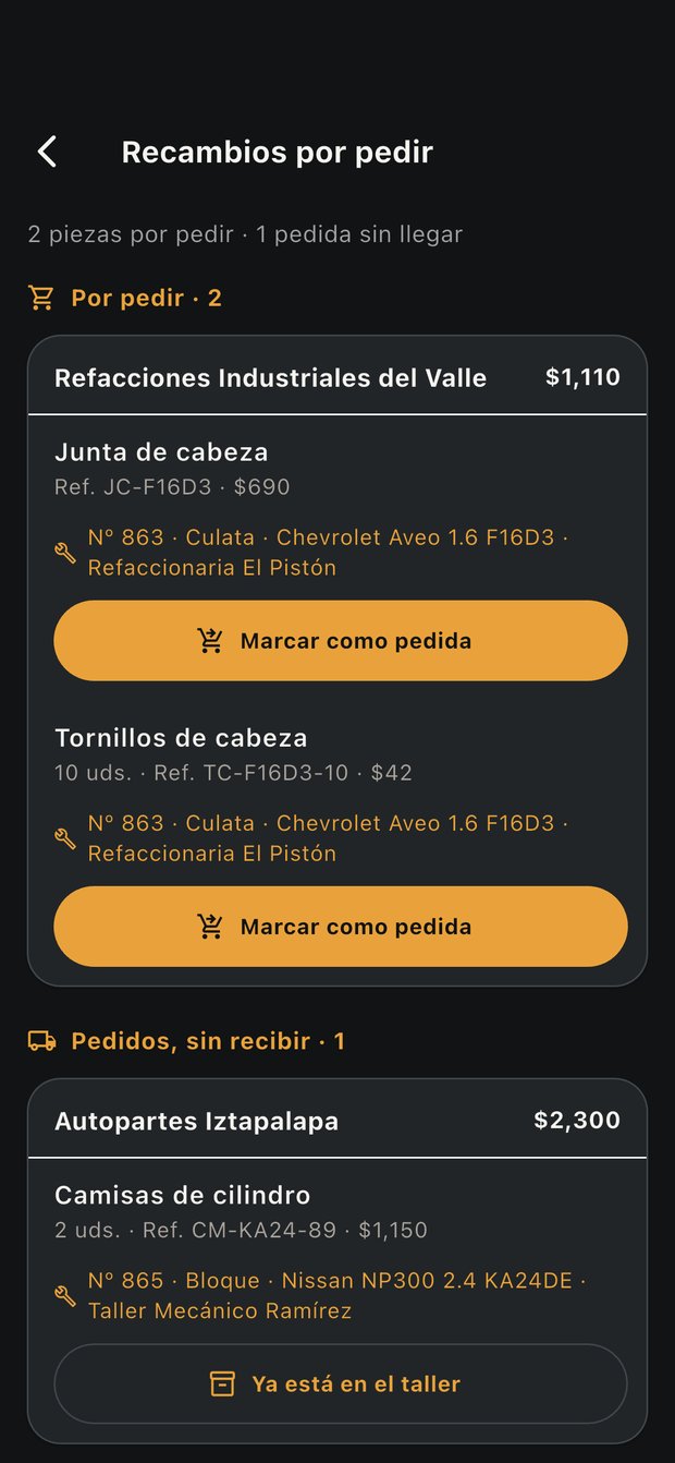 Pantalla «Recambios por pedir» de NOCTUX, con los repuestos agrupados por proveedor