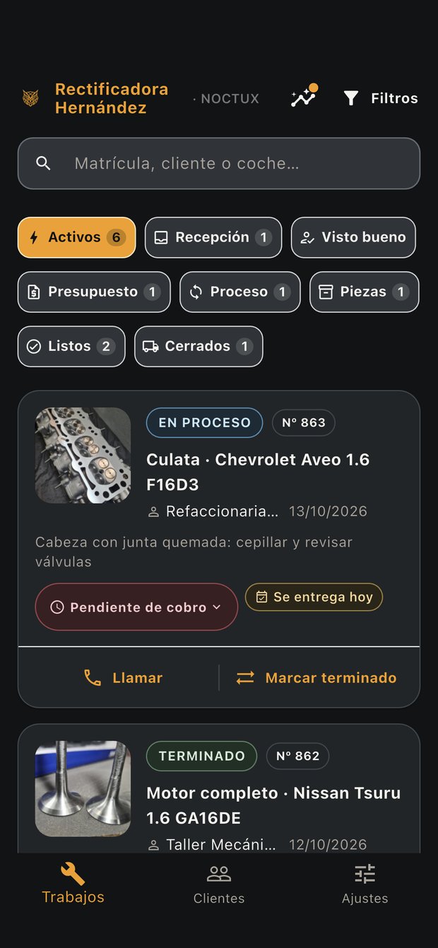 Tablero de trabajos de NOCTUX con la tarjeta de avisos del día