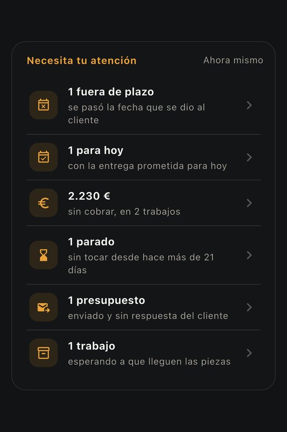 Pantalla «Resumen del taller» de NOCTUX con sus avisos: fuera de plazo, para hoy, lo que falta por cobrar, presupuestos sin respuesta y trabajos esperando piezas