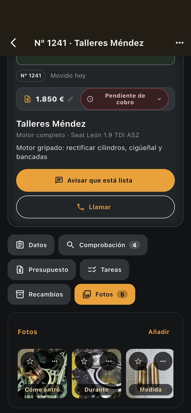 Ficha de un trabajo en NOCTUX con importe, estado del cobro y pestañas