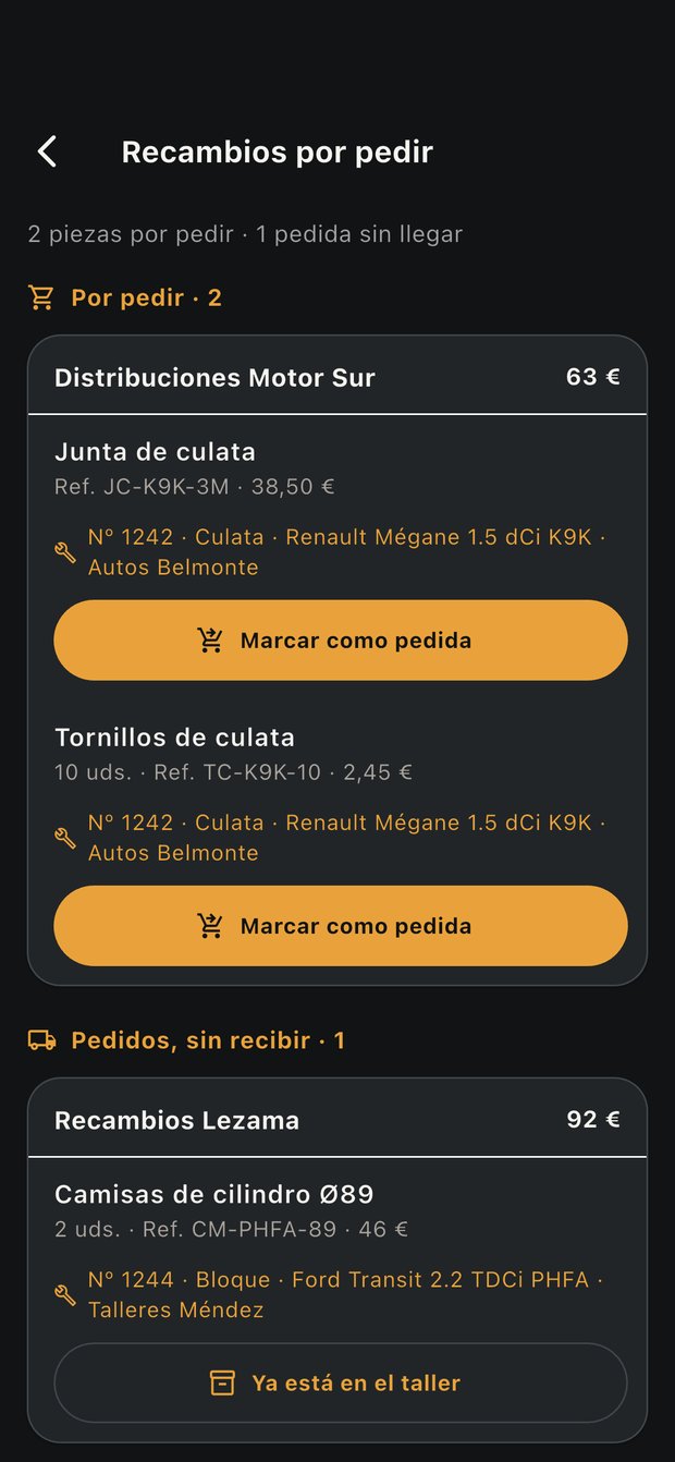 Pantalla de recambios por pedir de NOCTUX, agrupados por proveedor