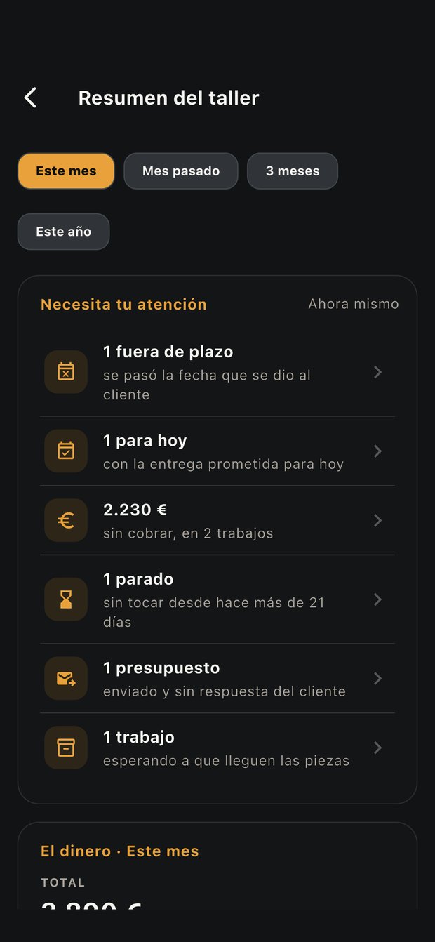 Pantalla Resumen del taller de NOCTUX con sus avisos de atención