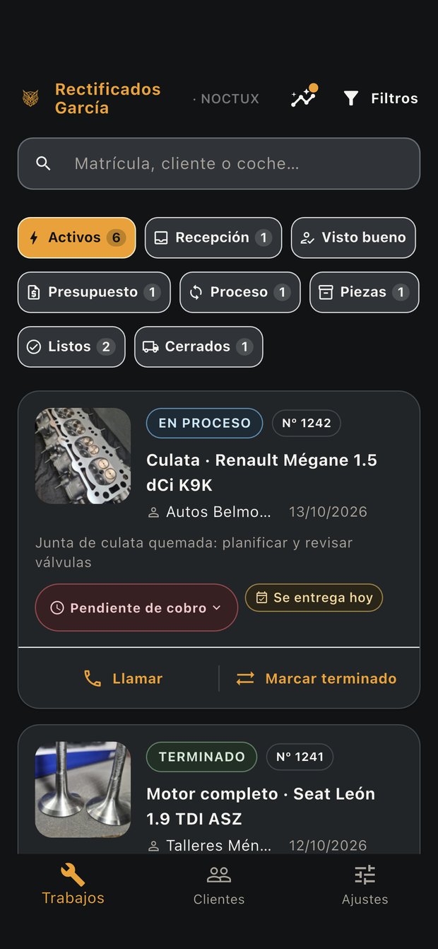 Tablero de trabajos de NOCTUX con la tarjeta de avisos del día