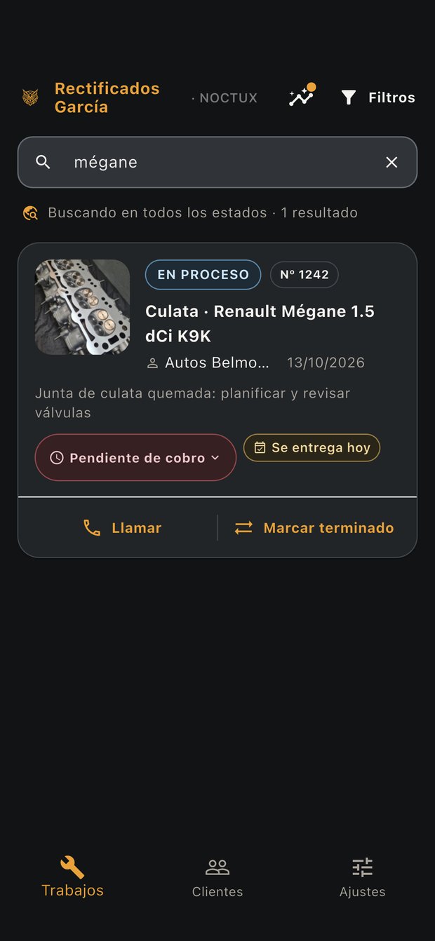 Resultado de búsqueda en NOCTUX: tarjeta de un trabajo con avisos de plazo y cobro