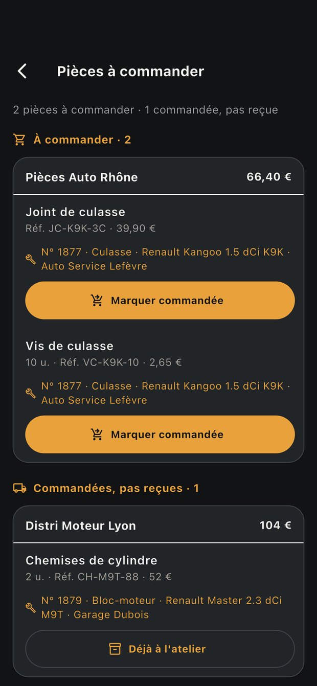 Écran des pièces à commander de NOCTUX, regroupées par fournisseur