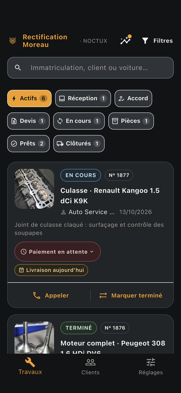 Tableau des travaux de NOCTUX avec la carte des alertes du jour