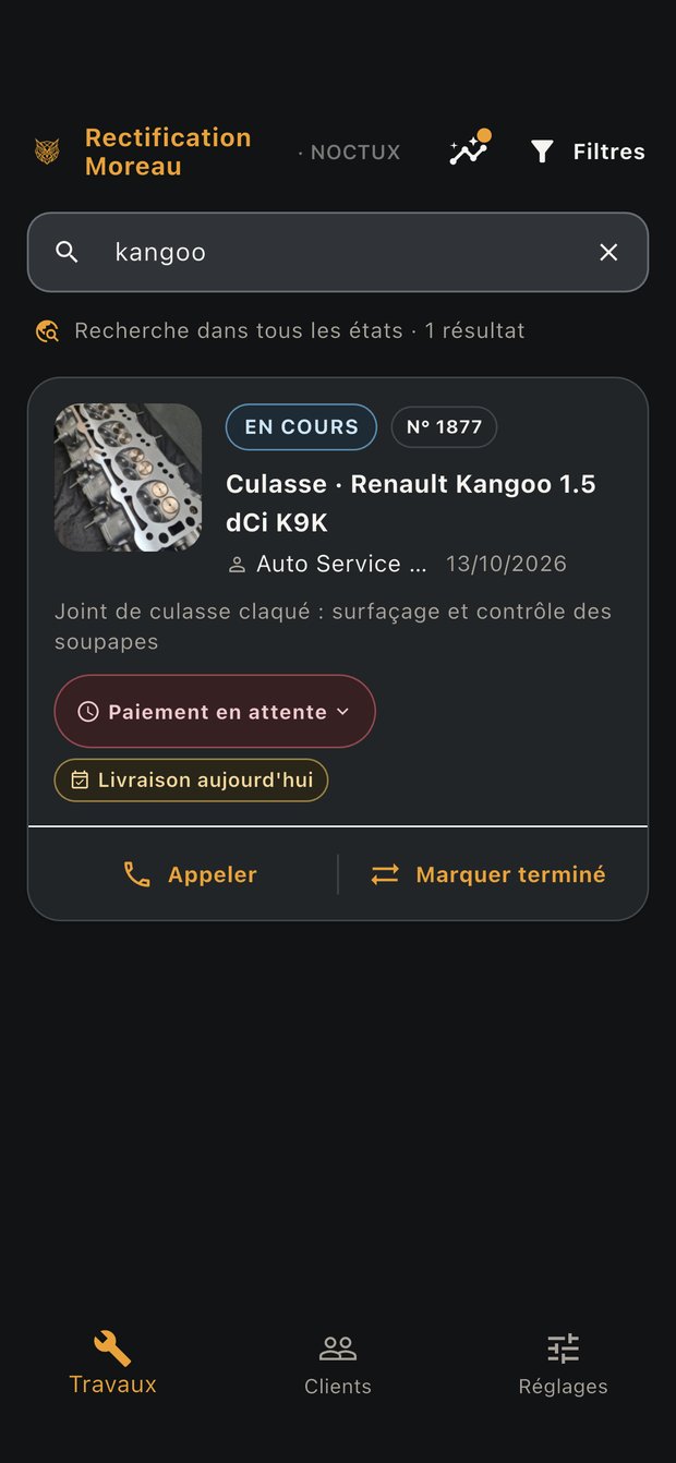 Résultat de recherche dans NOCTUX : carte d'un travail avec les alertes de délai et d'encaissement