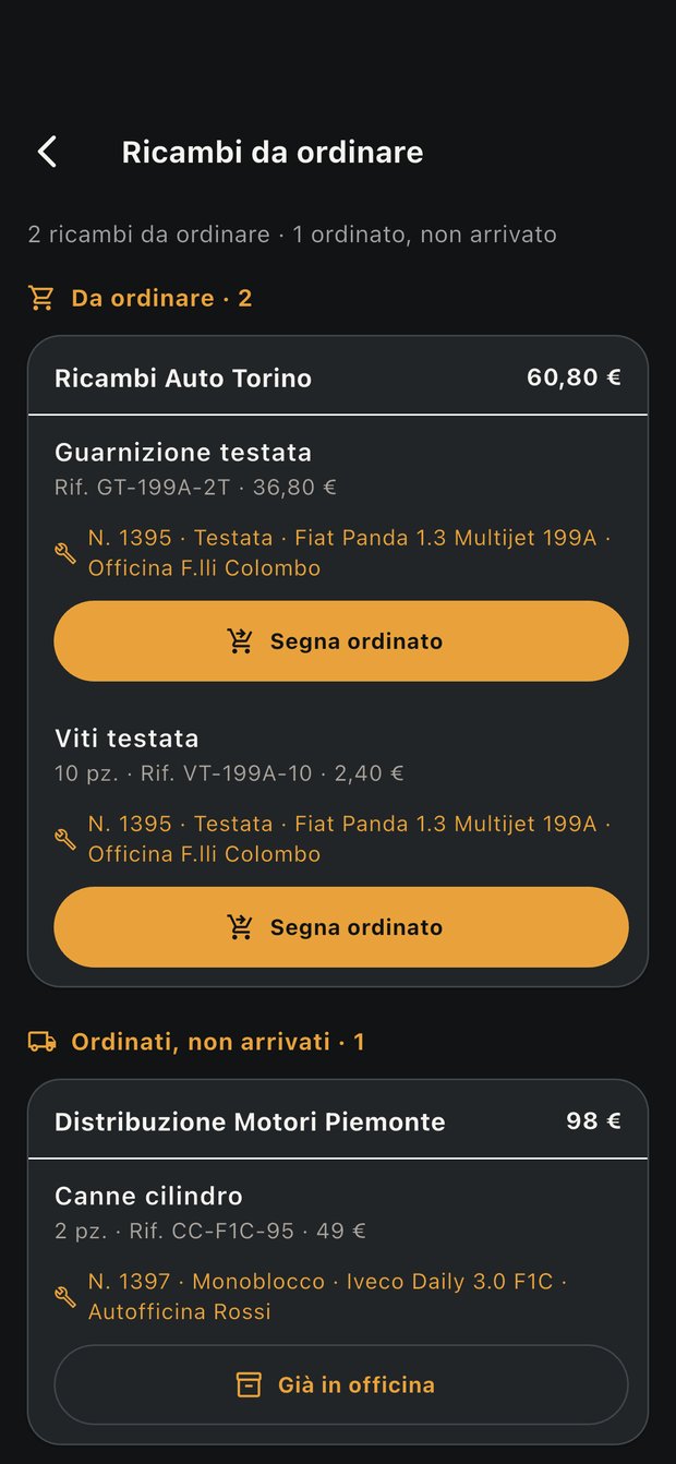 Schermata dei ricambi da ordinare di NOCTUX, raggruppati per fornitore
