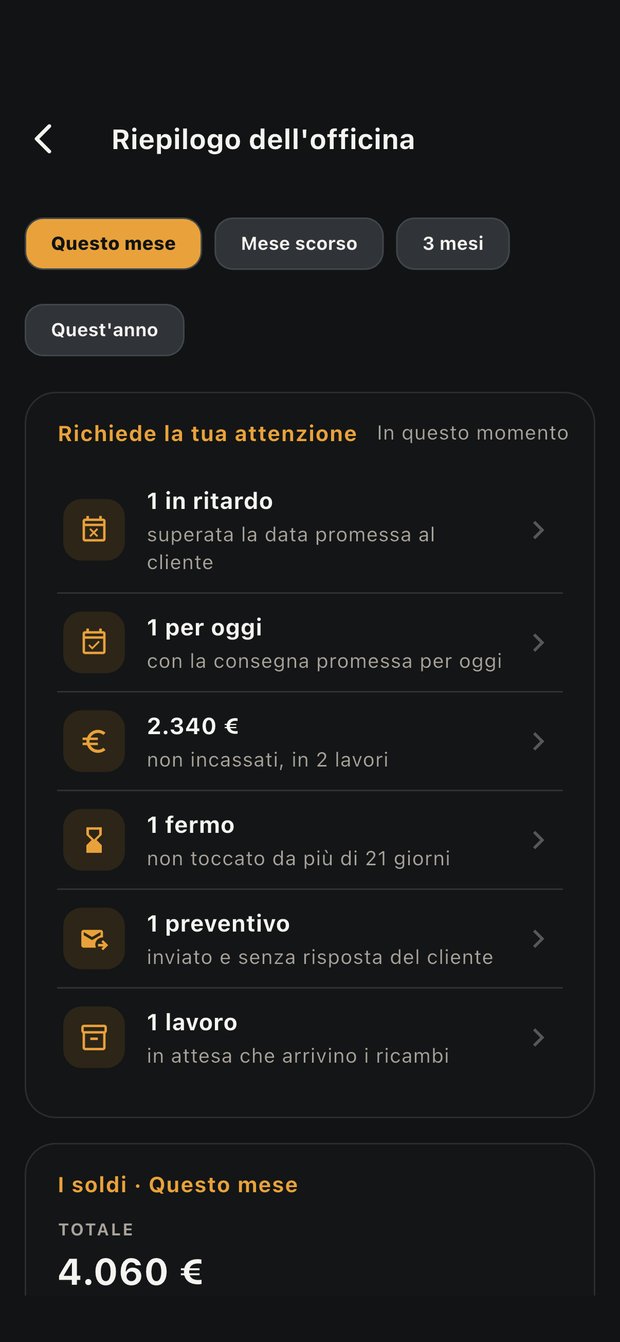 Schermata Riepilogo dell'officina di NOCTUX con i sei avvisi di attenzione
