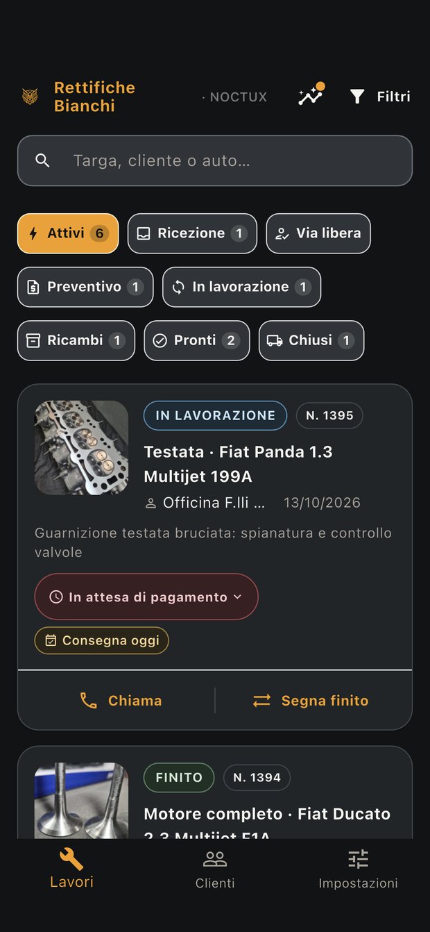 Bacheca dei lavori di NOCTUX con la scheda degli avvisi del giorno
