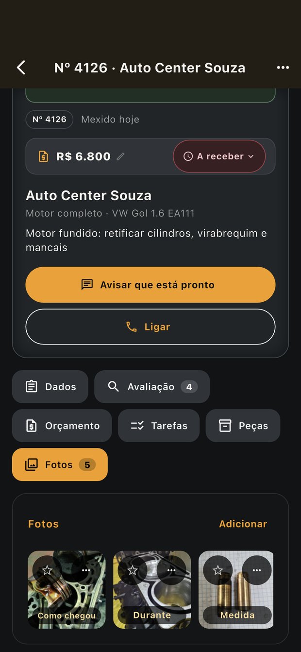 Ficha de um serviço no NOCTUX com valor, situação do pagamento e abas