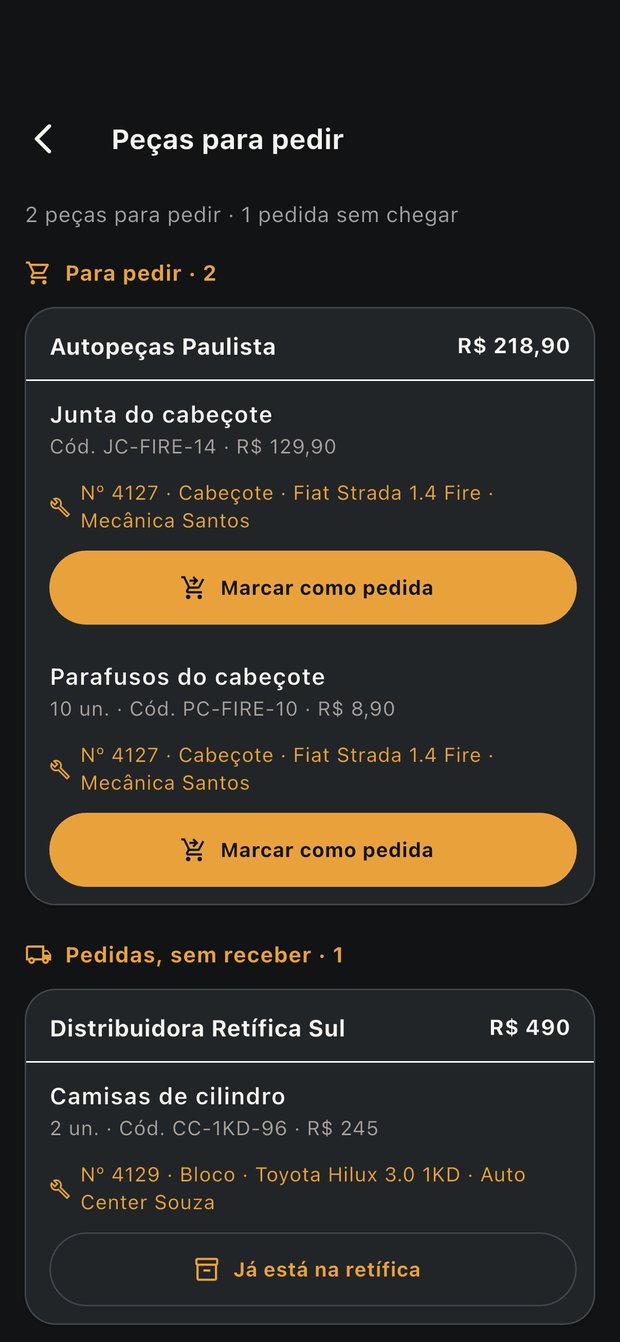 Tela de peças a pedir do NOCTUX, separadas por fornecedor