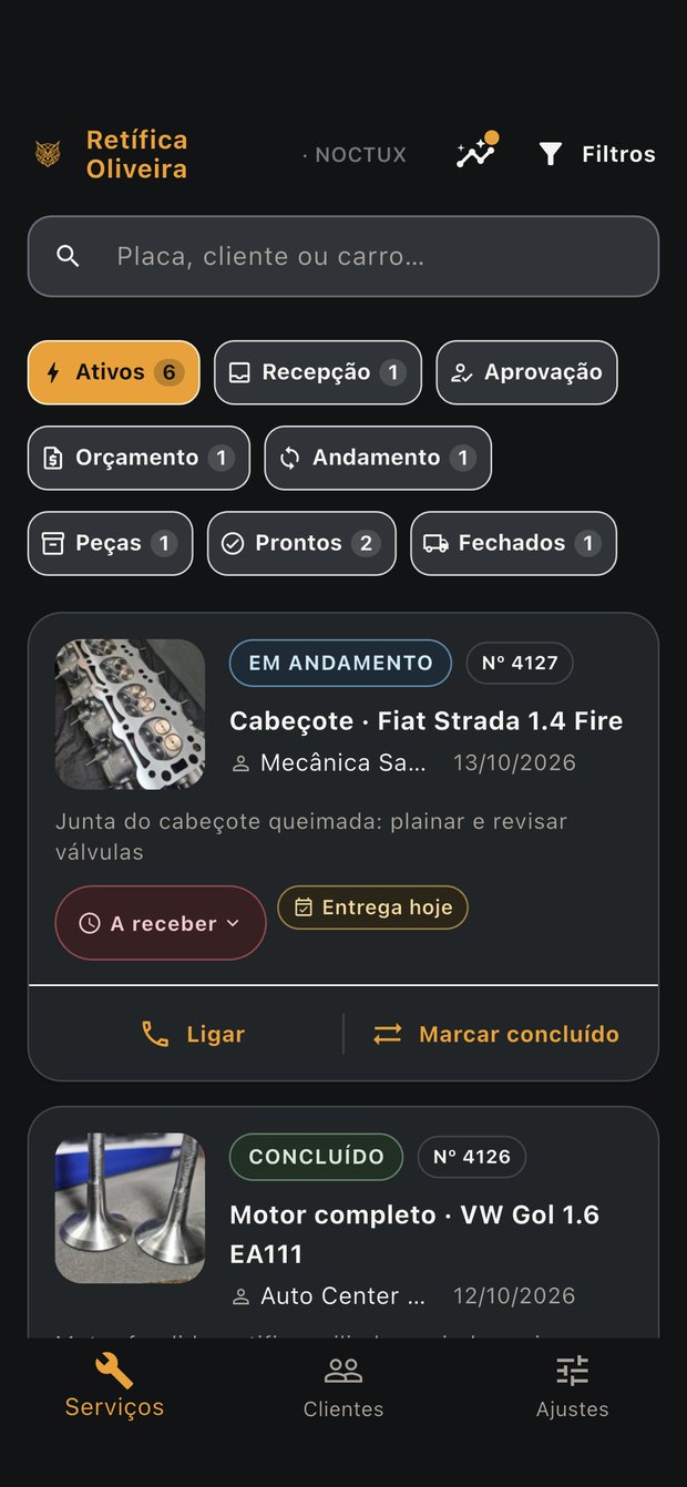 Painel de serviços do NOCTUX com o cartão de avisos do dia