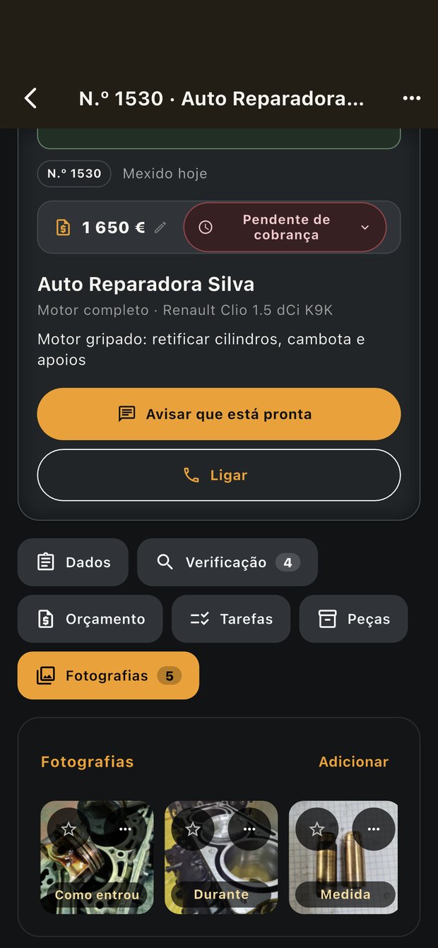 Ficha de um trabalho na NOCTUX com valor, estado do pagamento e separadores