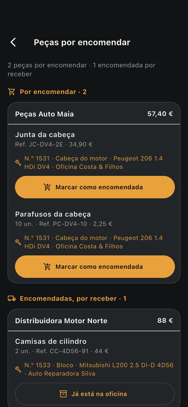 Ecrã de peças a encomendar da NOCTUX, agrupadas por fornecedor