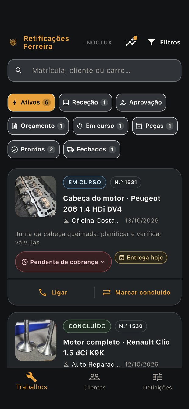 Quadro de trabalhos da NOCTUX com o cartão de avisos do dia