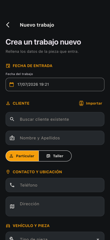 Pantalla de crear un trabajo nuevo