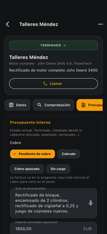 Pestaña de presupuesto de un trabajo